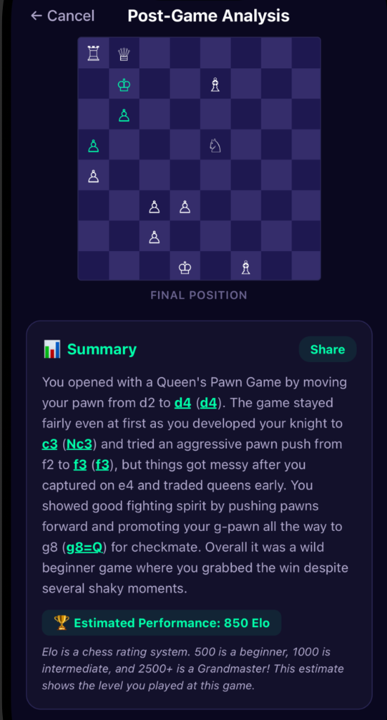 ZenAIya Chess Post-Game Analysis Screen