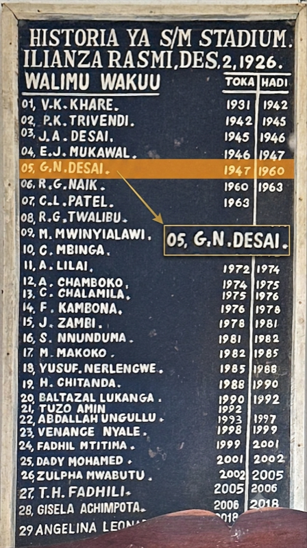 Historical school board in Lindi, Tanzania listing Gulabbhai Desai as principal